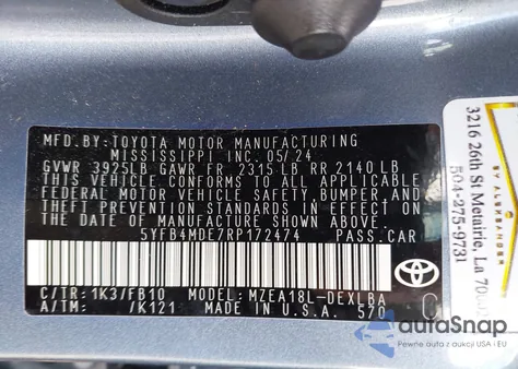 2024 Toyota Corolla Le z USA, uszkodzony, nr VIN 5YFB4MDE7RP172474